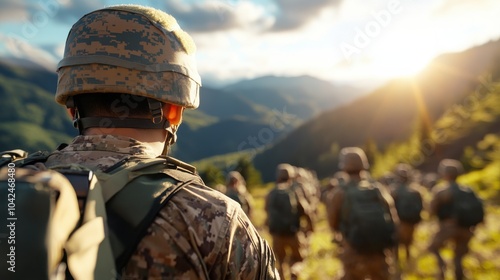 A group of soldiers is seen trekking through the rocky mountain terrain bathed in brilliant sunshine, emphasizing resilience and adaptability in challenging conditions. photo