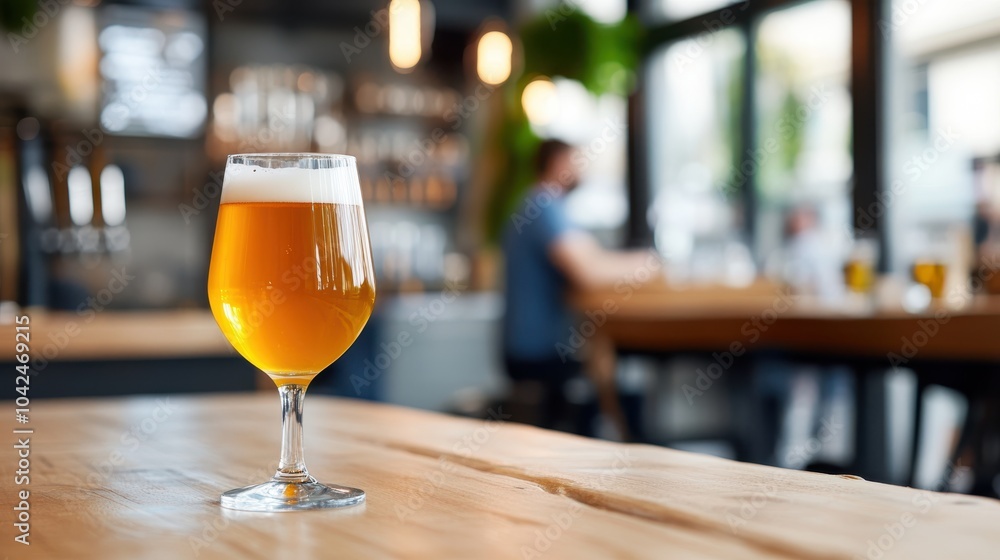 A single glass of craft beer sitting on a wooden table within a warmly lit pub, capturing an inviting and leisurely atmosphere ideal for relaxation. A single glass of craft beer sitting on a wooden table within a warmly lit pub, capturing an inviting and leisurely atmosphere ideal for relaxation.