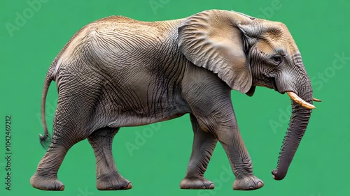 Elephant walking to the side in greenscreen background, elephant walking on site, generative ai