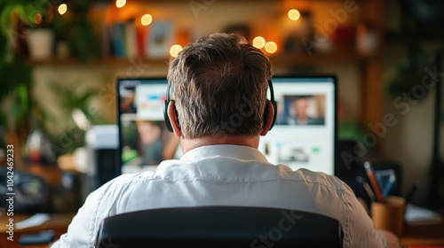 A man works late into the night in a dimly lit home office, depicting dedication and focus with a sense of solitude and concentration in a cozy environment.