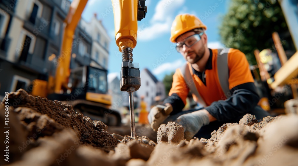 A construction worker in safety gear operates a drilling rig at an active construction site, showcasing modern urban development under a clear blue sky. A construction worker in safety gear operates a drilling rig at an active construction site, showcasing modern urban development under a clear blue sky.