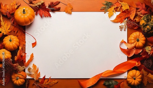 가을 낙엽과 호박에 둘러싼 빈 종이 프레임