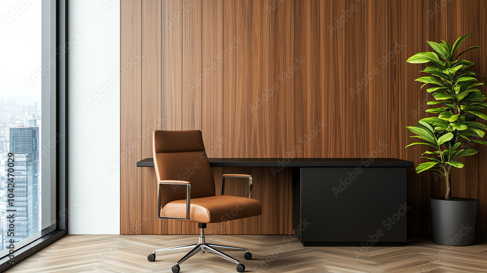 Fototapeta premium Modern office interior design featuring a sleek desk and ergonomic chair in a minimalist setting