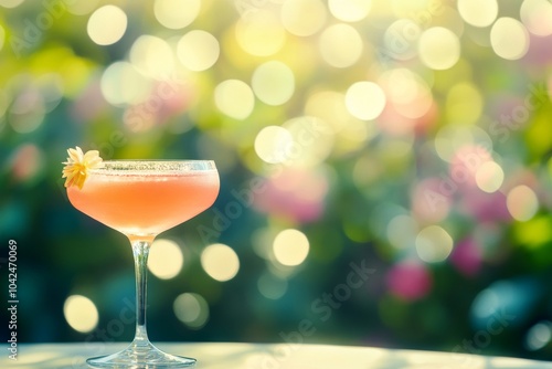 A pink cocktail garnished with a flower in a stemmed glass on a table with a blurred floral background. photo