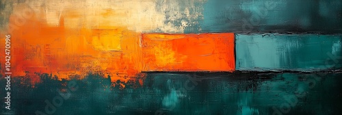 abstract painting, textured canvas with warm orange and teal tones, textured brush strokes creating an abstract background with geometric shapes in the foreground photo