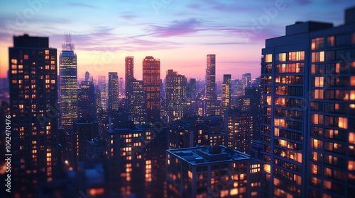city skyline at dusk, with tall buildings and skyscrapers
