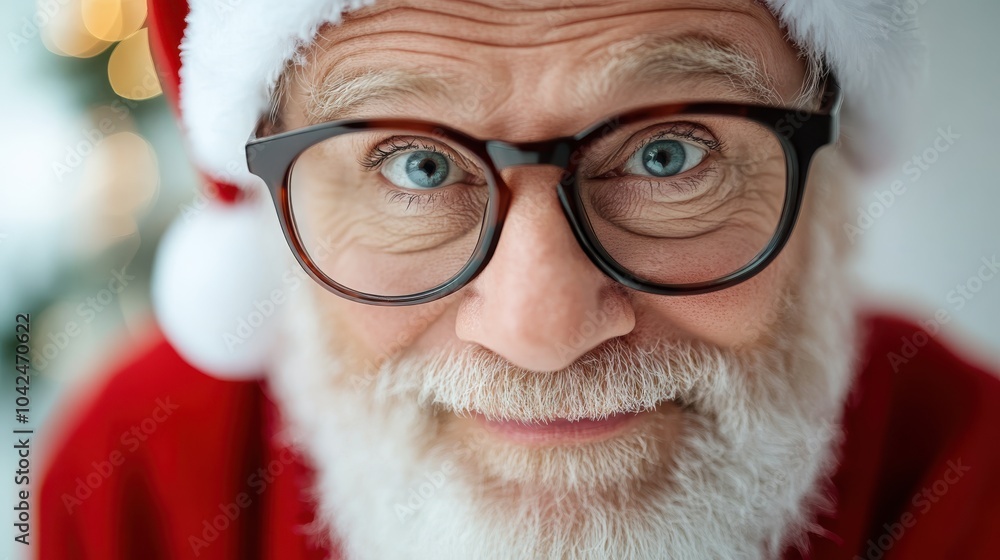 Close-up portrait of a cheerful Santa Claus wearing glasses, embodying the joyful holiday spirit with a warm smile and a festive red and white outfit. Close-up portrait of a cheerful Santa Claus wearing glasses, embodying the joyful holiday spirit with a warm smile and a festive red and white outfit.