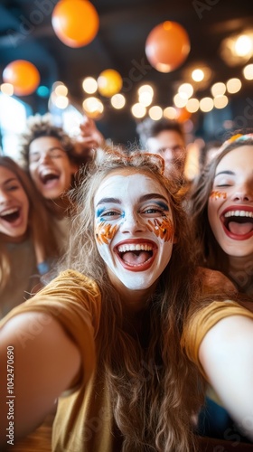 A group of friends exuberantly enjoying themselves with artistic facepaint, amidst a well-lit and lively scene full of positivity and togetherness. photo