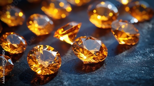 Sparkling orange gemstones on dark background capturing light elegantly