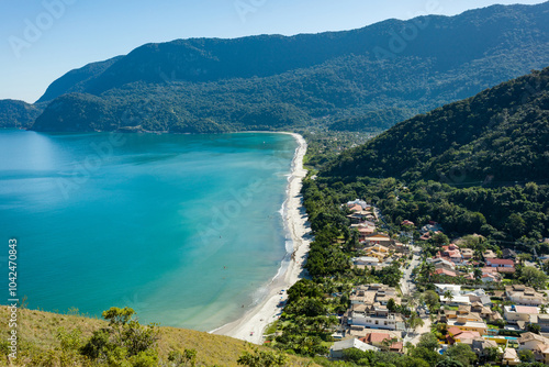 Beautiful view coast of Sao Sebastiao, tropical island on the Brazilian sea coast during a sunny day of vacation and sightseeing.