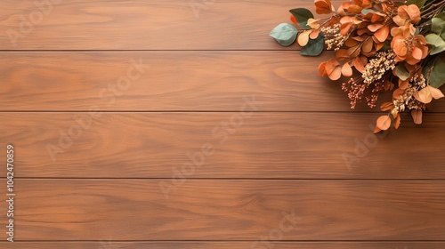 A wooden surface adorned with autumn leaves and decorations. The interplay of colors reflects the cozy, festive essence of the fall season and homey warmth. photo