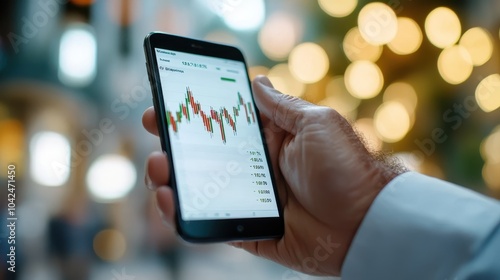 A hand is shown holding a smartphone that displays a detailed stock market chart against a backdrop of blurred lights, representing finance and technology.