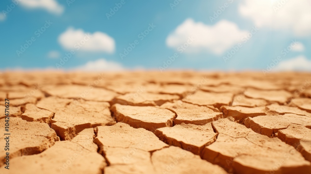 Obraz premium A wide view of a dry, barren landscape featuring cracked soil under a clear blue sky, conveying the sense of aridity and desolation.