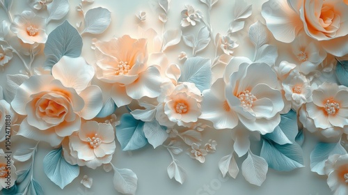 Close-up of delicate 3D paper flowers with soft pastel colors and green leaves against a white background.