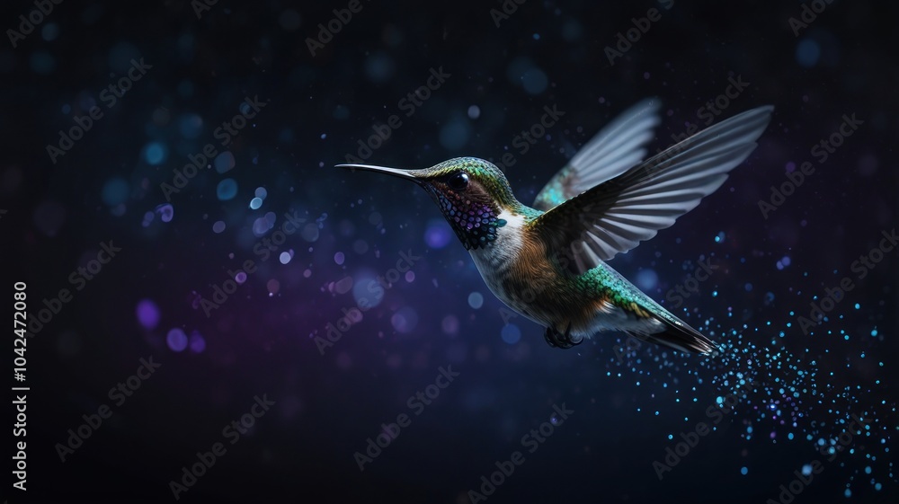 Fototapeta premium A hummingbird in flight with blurred bokeh lights in the background.