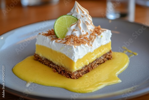 A delicious dessert featuring layers of lemon filling, whipped cream, and lime.