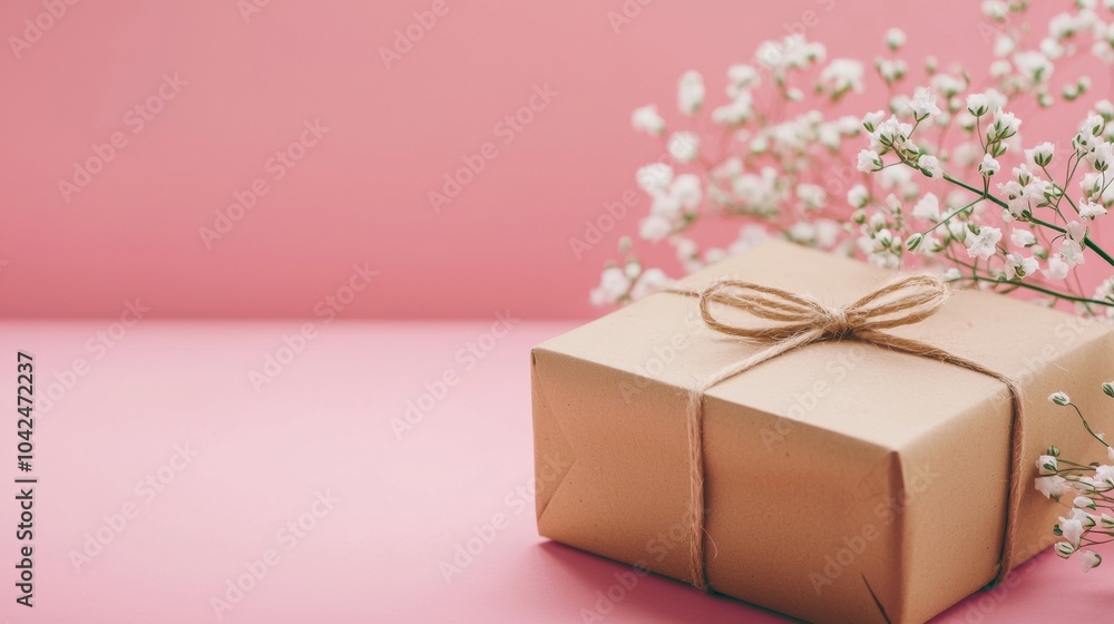 Gift box with twine and flowers on a soft pink background Gift box with twine and flowers on a soft pink background