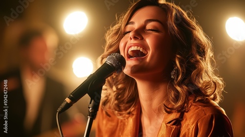 A vibrant singer with a joyful expression sings into a microphone, surrounded by warm, glowing stage lights, conveying energy and passion in her performance.