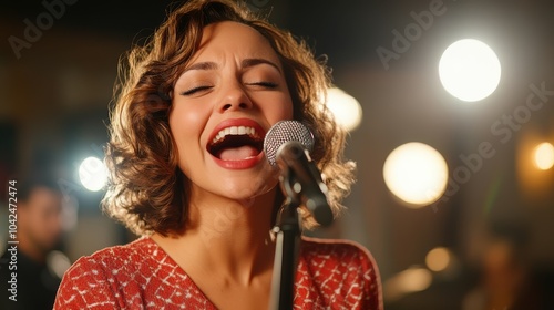 An energetic singer on stage channels her emotions through song, bathed in warm stage lights, creating an atmosphere of expressiveness and creativity.