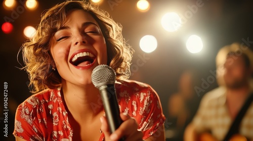 A joyful singer captivates the audience with a powerful performance, holding the microphone in a perfect moment of expressive vocal artistry and charisma.