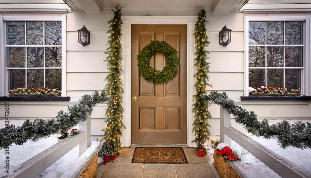 Fototapeta premium Holiday front door, Christmas, ornaments, decorations, swags, wreath, charming, house, home