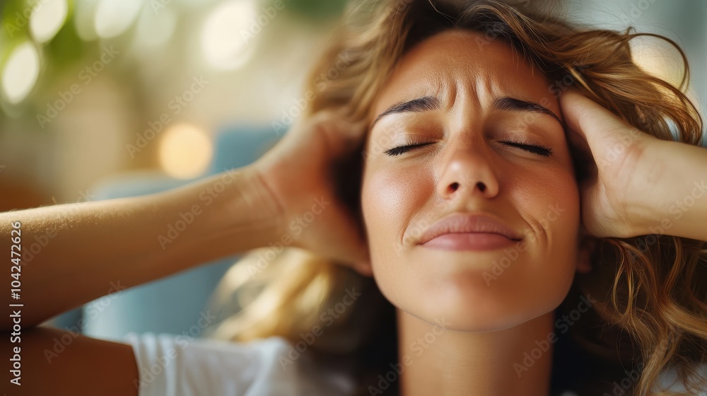 A woman with curly hair and a pained expression holds her head, indicating stress or frustration, with a blurred natural background. A woman with curly hair and a pained expression holds her head, indicating stress or frustration, with a blurred natural background.