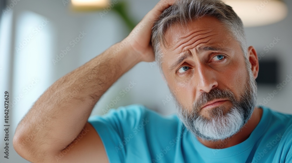 Fototapeta premium A gray-haired man with a white beard in a blue shirt holds his head in puzzlement, displaying a moment of confusion or contemplation, indoors.