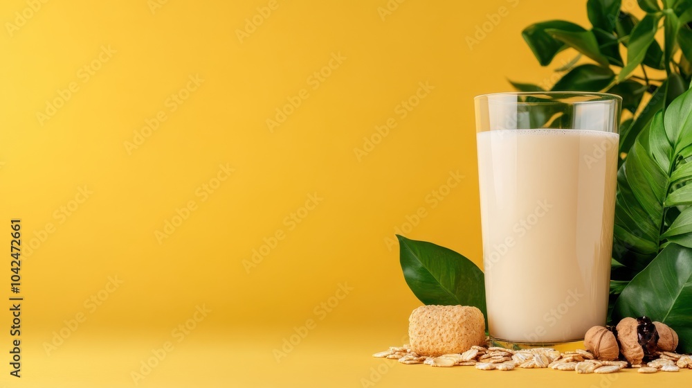 A tall glass filled with creamy oat milk is elegantly accompanied by oatmeal, a nut, and green leaves, against a sunlit yellow background. A tall glass filled with creamy oat milk is elegantly accompanied by oatmeal, a nut, and green leaves, against a sunlit yellow background.