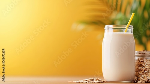 A tall glass of creamy oat milk with a vibrant yellow straw sits on a surface, accentuated by a warm yellow background and a touch of green foliage. photo