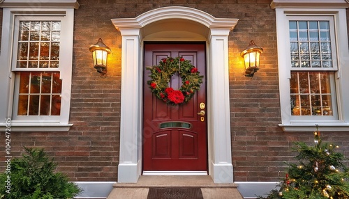 Holiday front door, Christmas, ornaments, decorations, swags, wreath, charming, house, home, red
