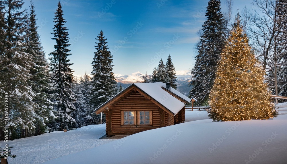 Log cabin in the mountains, log home, winter, snow forest, trees, blue sky Log cabin in the mountains, log home, winter, snow forest, trees, blue sky
