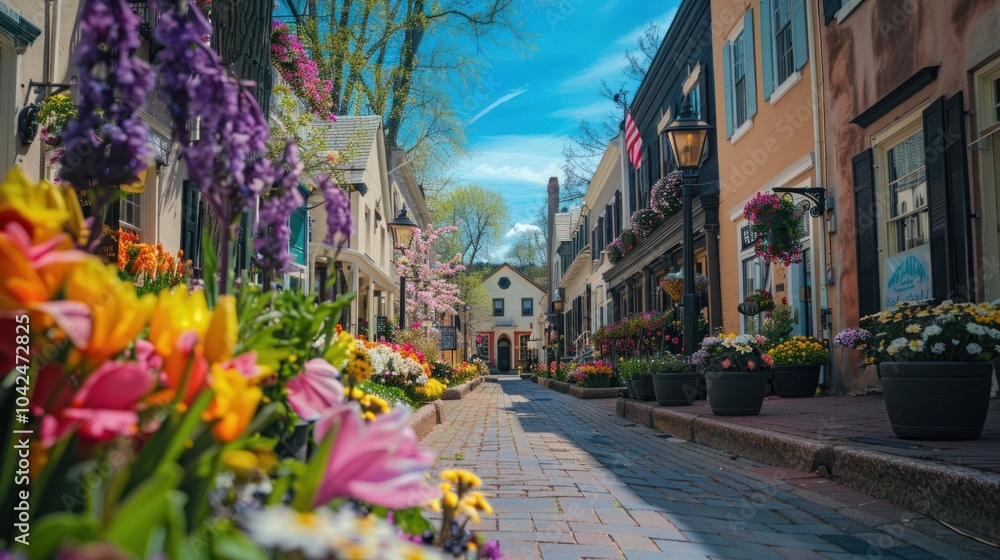 Fototapeta premium Charming Flower-Lined Street in Historic Town
