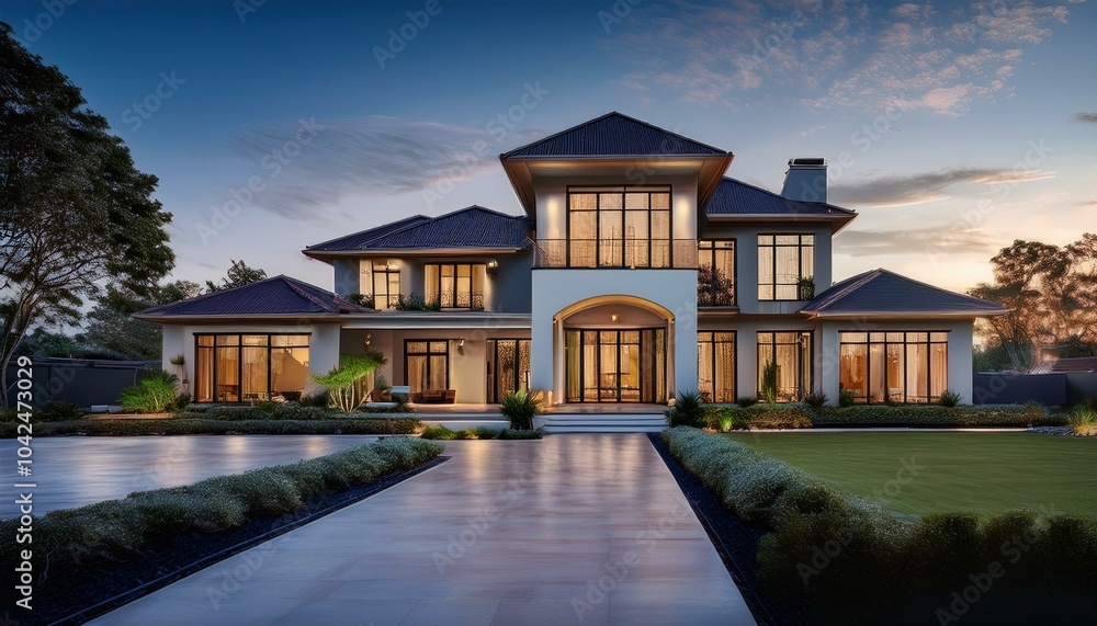 Luxury stately home with landscaping, windows, two story house, green grass, architecture, blue sky Luxury stately home with landscaping, windows, two story house, green grass, architecture, blue sky