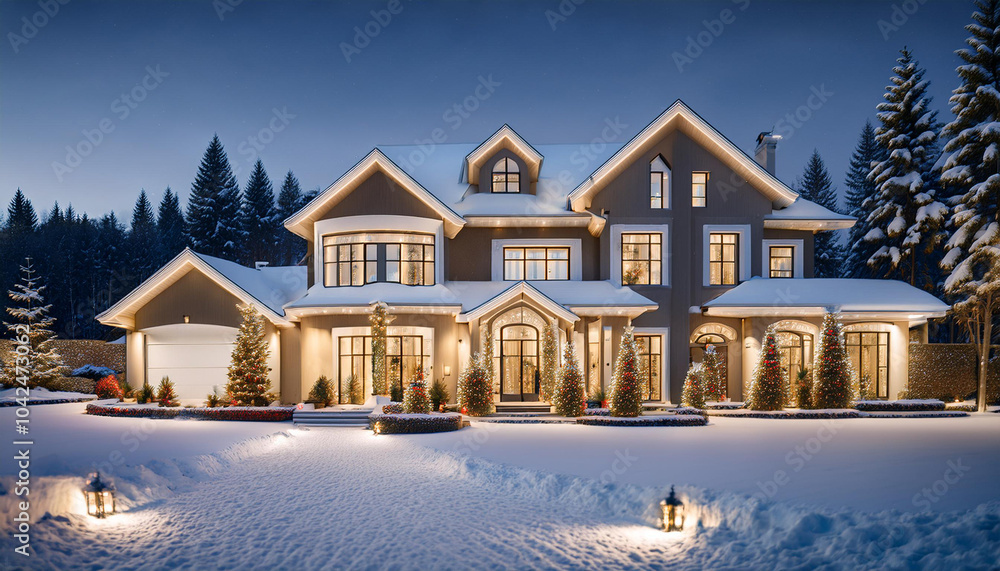 Luxury home in winter at twilight with windows, bushes, landscaping, two story house, roof, trees, snow, lights, holidays, December, snowfall Luxury home in winter at twilight with windows, bushes, landscaping, two story house, roof, trees, snow, lights, holidays, December, snowfall