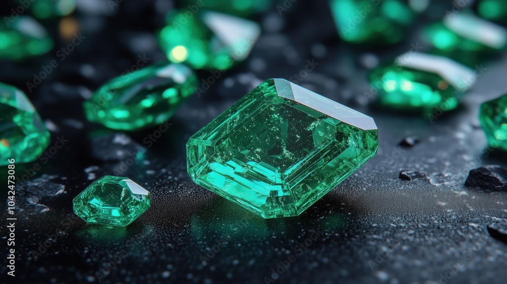 Vibrant emerald gems on dark textured surface capturing intricate details and brilliant cuts Vibrant emerald gems on dark textured surface capturing intricate details and brilliant cuts