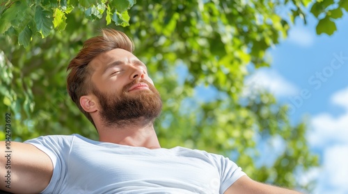 Relaxed young man enjoying sunshine under lush green foliage on a bright day