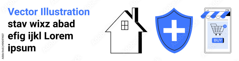 House, shield with a cross, and a storefront icon are depicted with placeholder text. Ideal for home security, online shopping, e-commerce, safety, and digital marketing themes. Banner for landing House, shield with a cross, and a storefront icon are depicted with placeholder text. Ideal for home security, online shopping, e-commerce, safety, and digital marketing themes. Banner for landing