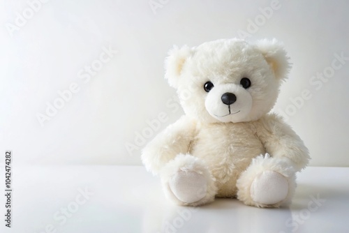 description: Minimalist cute white plush teddy bear isolated on white background