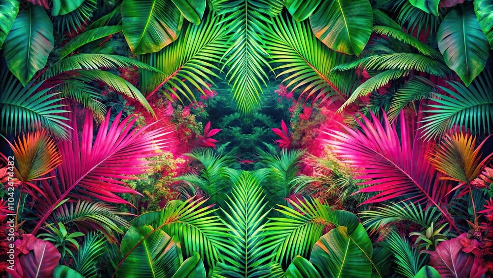 Description: Neon pink and bright green oil paint splashes in a chaotic burst, reflecting the wild spirit of a tropical jungle Description: Neon pink and bright green oil paint splashes in a chaotic burst, reflecting the wild spirit of a tropical jungle