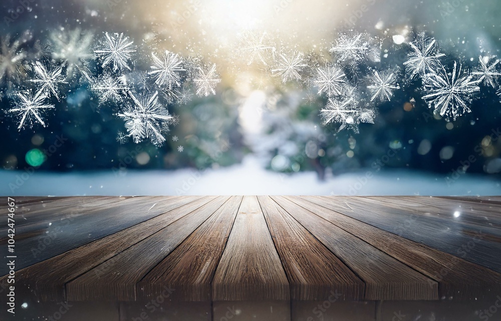 Wooden surface in front of a snowy and blurred forest landscape with falling snowflakes. Wooden surface in front of a snowy and blurred forest landscape with falling snowflakes.
