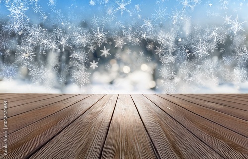 A wooden surface with a snowy winter background filled with falling snowflakes.