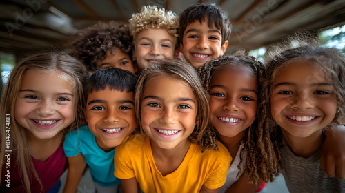 Group of smiling children posing together in a joyful setting.