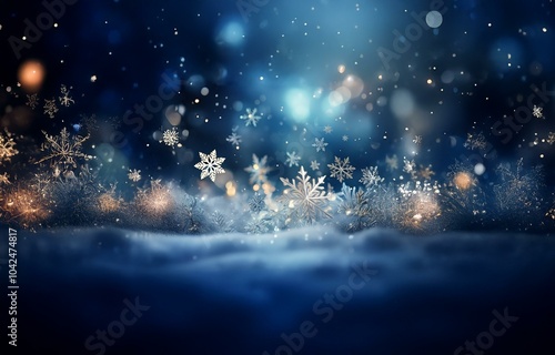 A wintery scene featuring snow, falling snowflakes, and a bokeh effect.