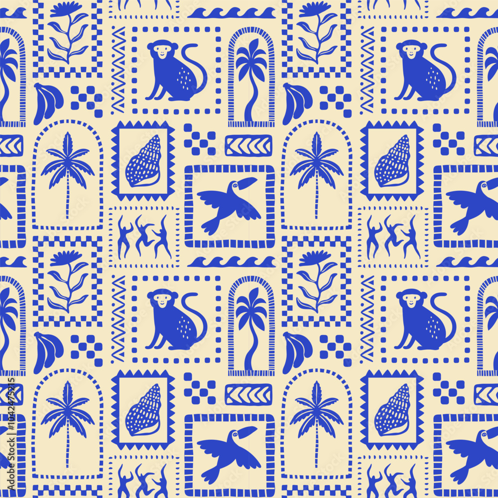 custom made wallpaper toronto digitalRetro hand drawn tropical summer seamless pattern. Traditional indian tapestry style background illustration. Vintage exotic nature textile print, jungle animal texture with monkey, flower, palm tree.