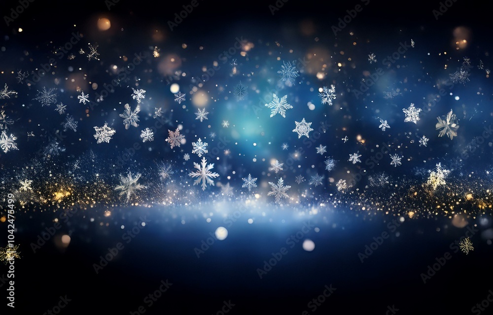 A festive blue background with white snowflakes falling and golden sparkles at the bottom. A festive blue background with white snowflakes falling and golden sparkles at the bottom.