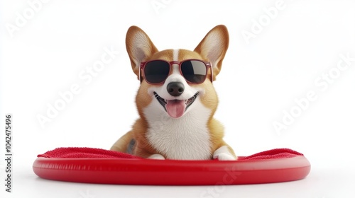 A cute corgi dog wearing sunglasses and lying on a red inflatable ring. photo