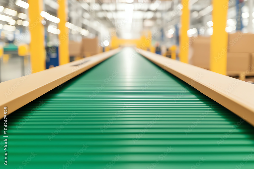 Efficient logistics a detailed view of a green conveyor belt in a modern warehouse environment Efficient logistics a detailed view of a green conveyor belt in a modern warehouse environment