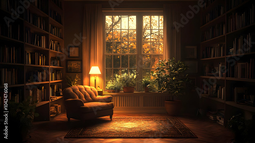 Cozy reading nook with warm...