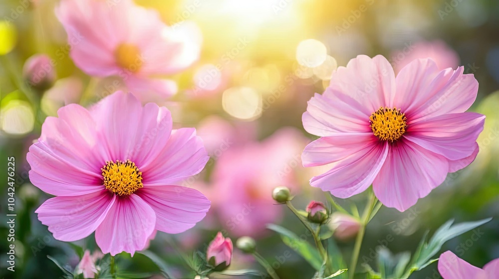 Soft Pink Flowers in Bloom with Warm Lighting Soft Pink Flowers in Bloom with Warm Lighting
