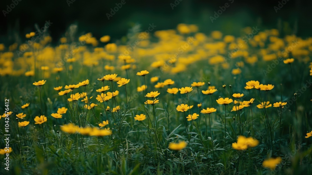 Obraz premium Vibrant Yellow Flowers in a Lush Green Field